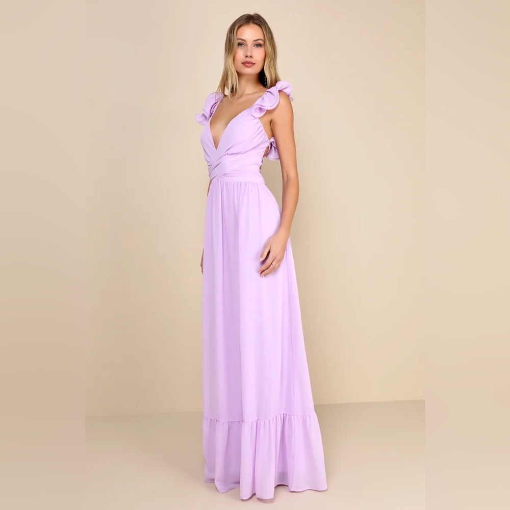 LULUS ~ Soiree Celebration Lilac Ruffled Lace-Up Maxi Dress